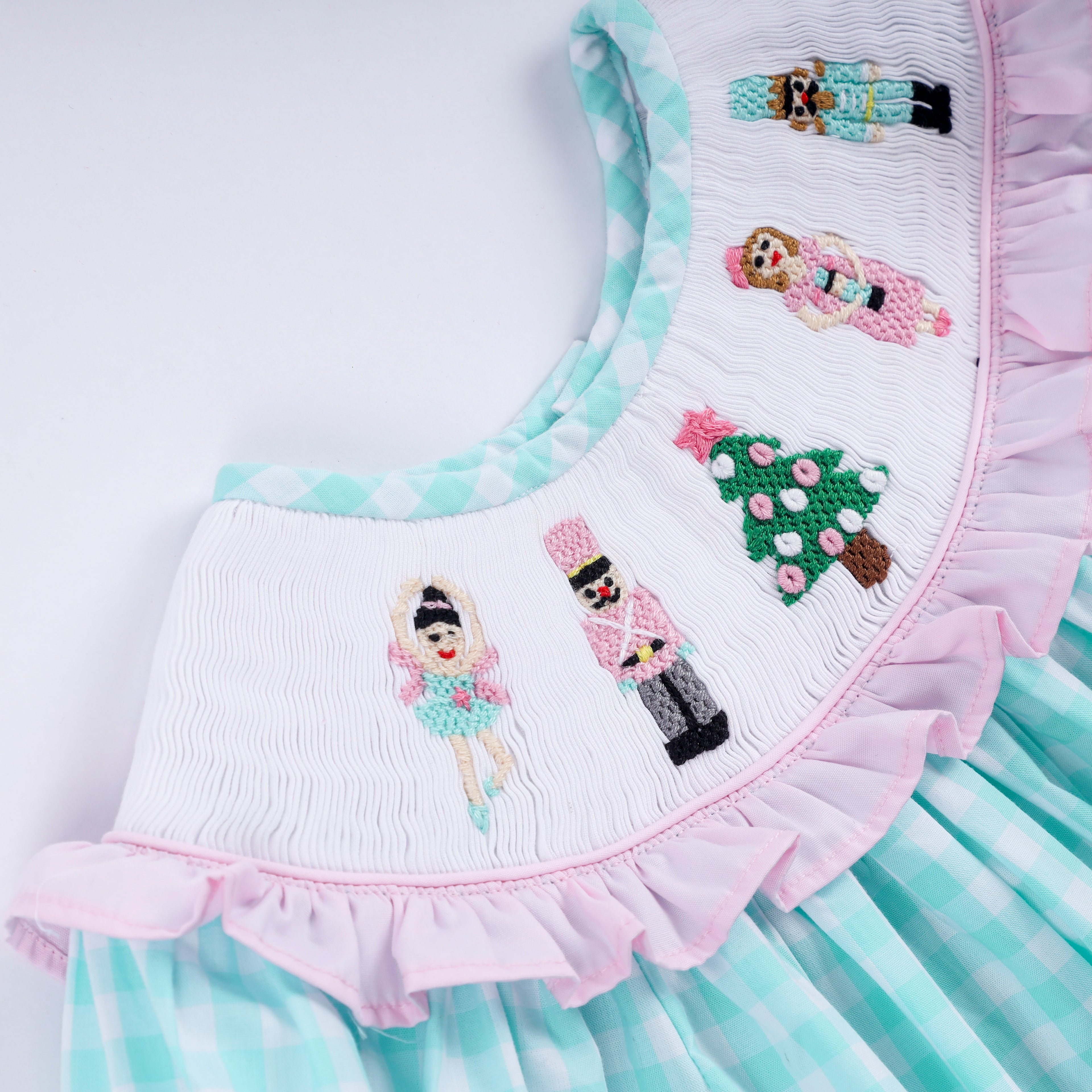 Mint christmas nutcracker hand smocked gingham ruffle pants set