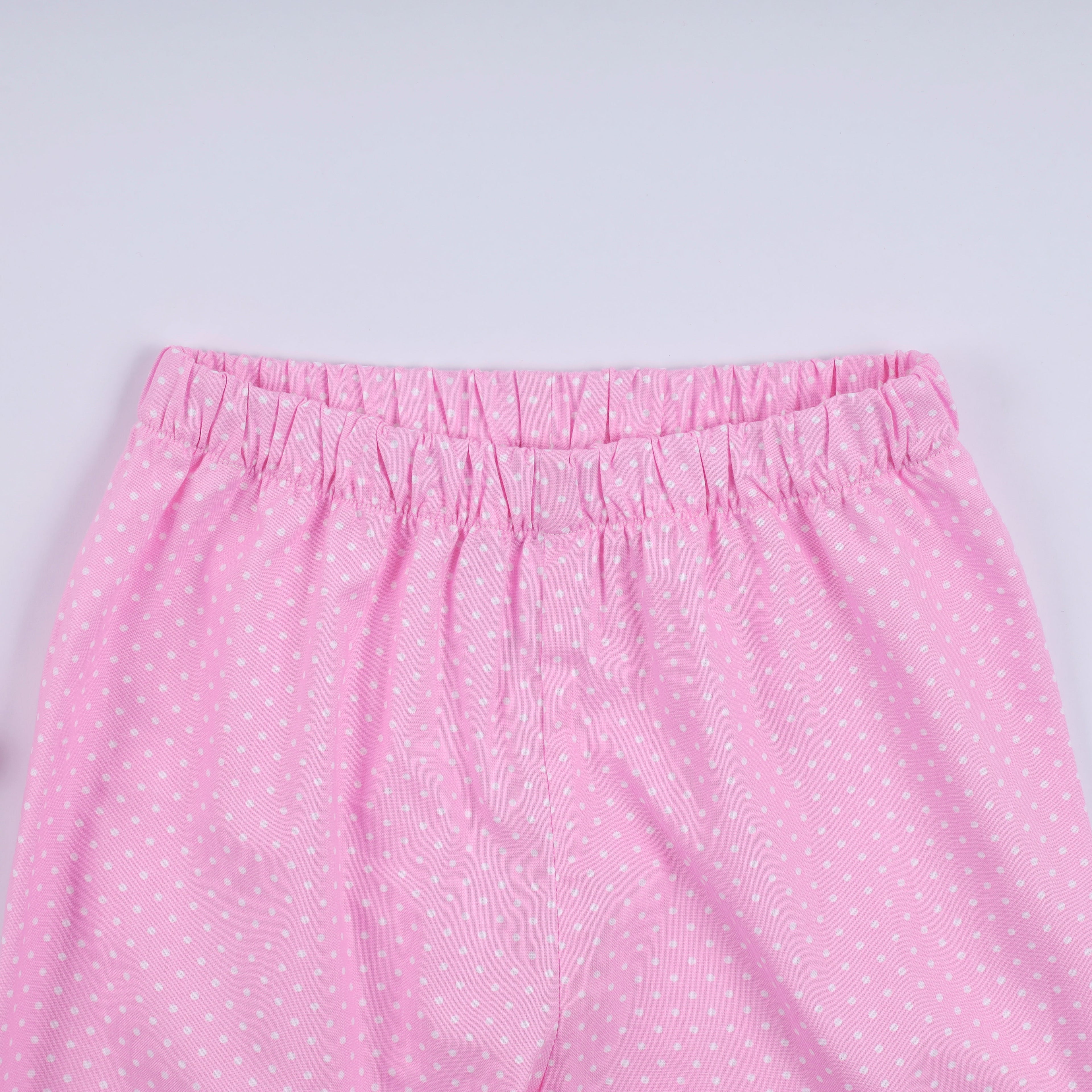 Pink character hand smocked dot ruffle pants set