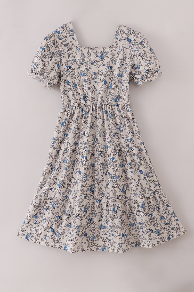 Blue vintage floral print tiered mom dress