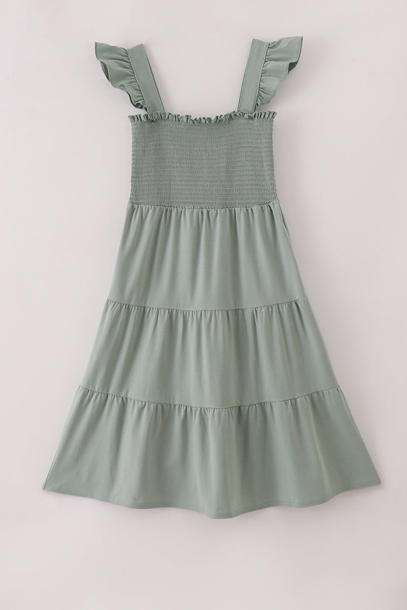 Sage smocked tiered mom dress